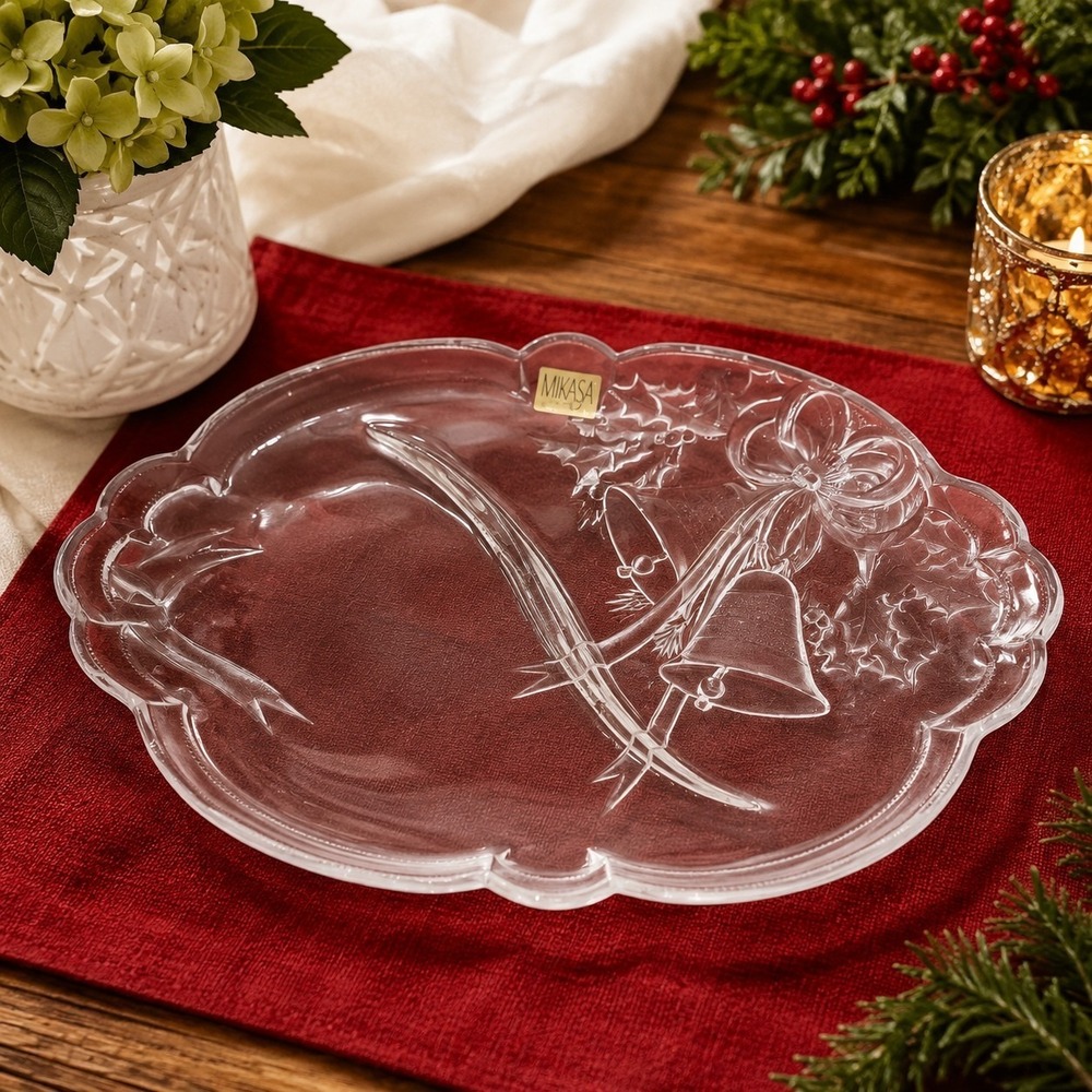 Mikasa Holiday Bells Crystal Divided Relish Dish Christmas Festive Candy Mints